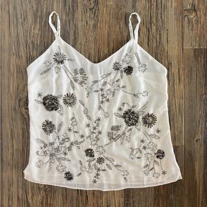 NWT White House Black Market V-Neck Tank Top Cami XSP Ecru Silver Embellishments